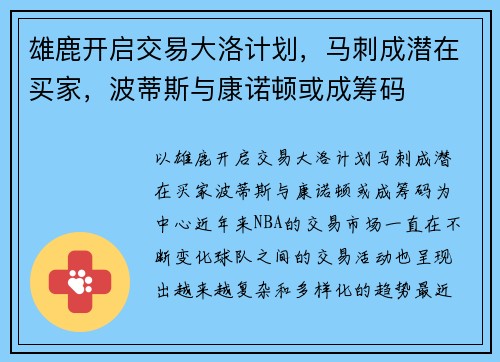 雄鹿开启交易大洛计划，马刺成潜在买家，波蒂斯与康诺顿或成筹码