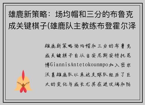 雄鹿新策略：场均帽和三分的布鲁克成关键棋子(雄鹿队主教练布登霍尔泽)