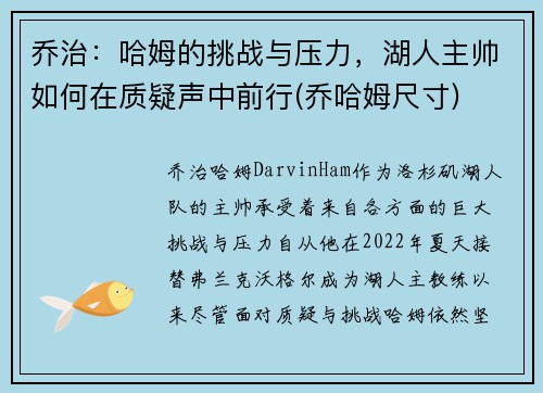 乔治:哈姆的挑战与压力,湖人主帅如何在质疑声中前行(乔哈姆尺寸)