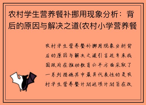 农村学生营养餐补挪用现象分析：背后的原因与解决之道(农村小学营养餐补助)