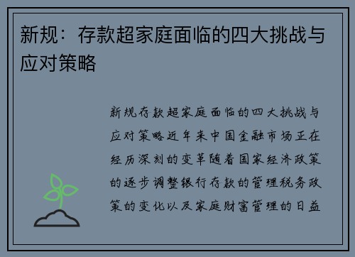 新规：存款超家庭面临的四大挑战与应对策略