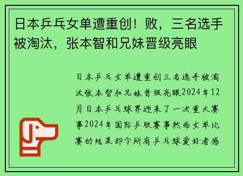 日本乒乓女单遭重创!败,三名选手被淘汰,张本智和兄妹晋级亮眼