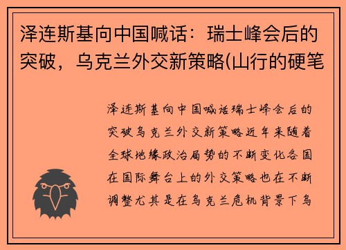 泽连斯基向中国喊话:瑞士峰会后的突破,乌克兰外交新策略(山行的硬笔)