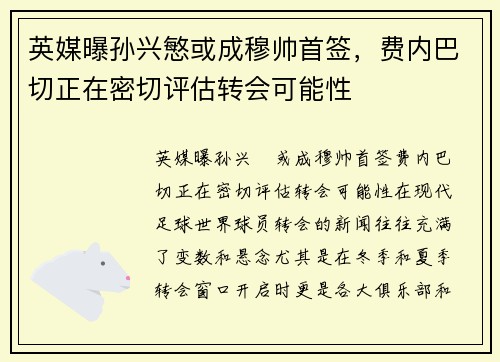 英媒曝孙兴慜或成穆帅首签,费内巴切正在密切评估转会可能性