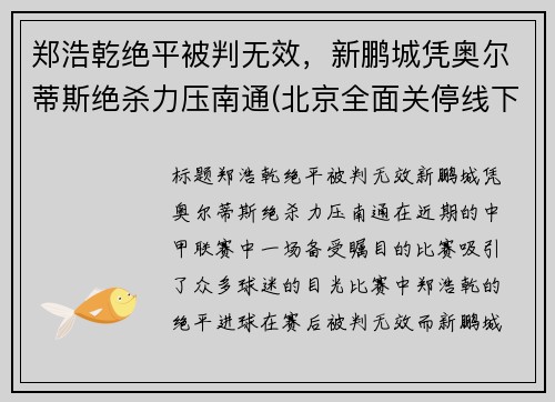 郑浩乾绝平被判无效，新鹏城凭奥尔蒂斯绝杀力压南通(北京全面关停线下培训)
